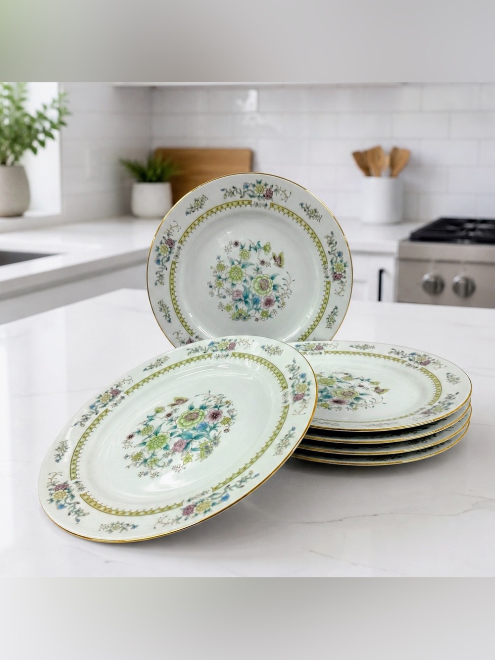 Baum Bros Ming Floral 1599 Dinner Plates 10.5” Set 6 Gold Trim Vintage